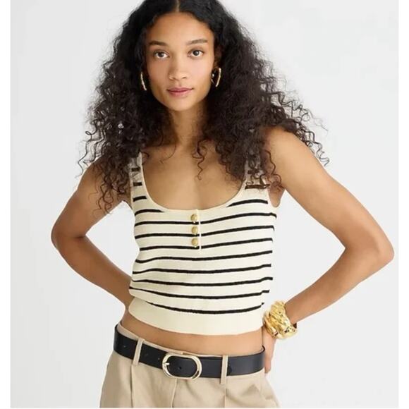 J. Crew Tops - J. Crew Henley Crop Sweater Tank in Black Stripe Merino Wool & Linen Blend sz M